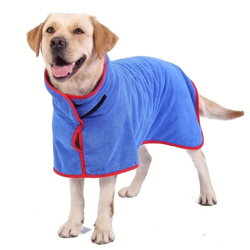 Dog wearing a blue microfiber drying robe