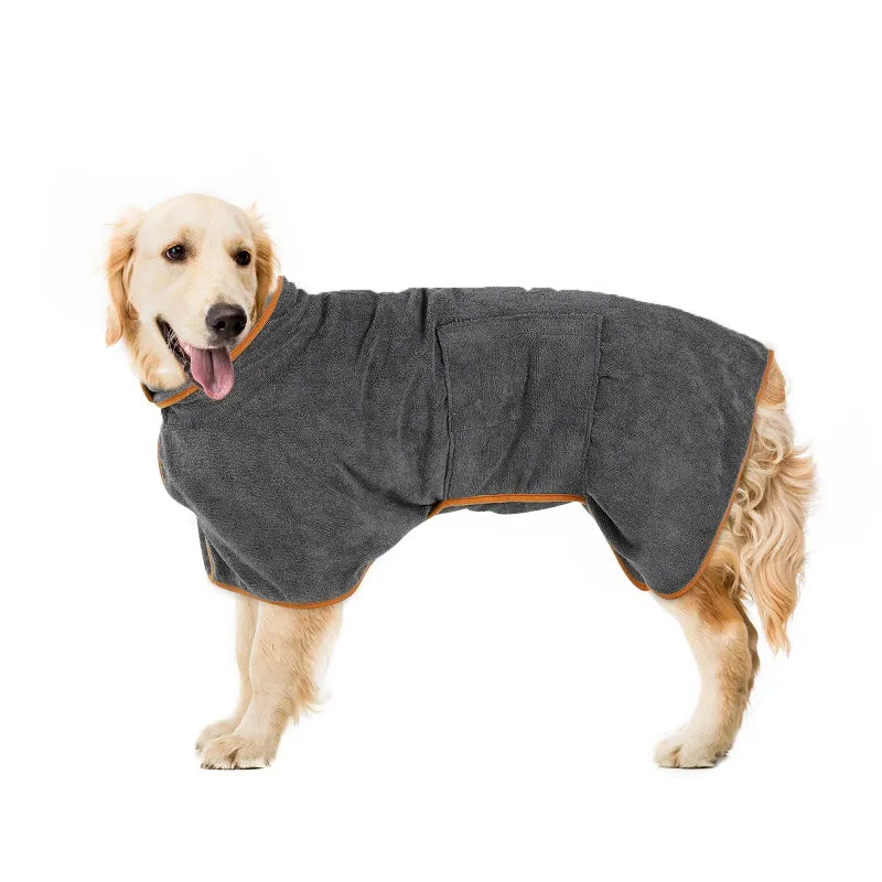 Golden retriever wearing a gray PawVoyage dog drying robe